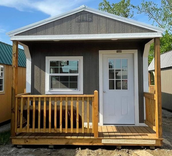 Portable Office in gray and white with optional railing and upgraded 3x3 windows.