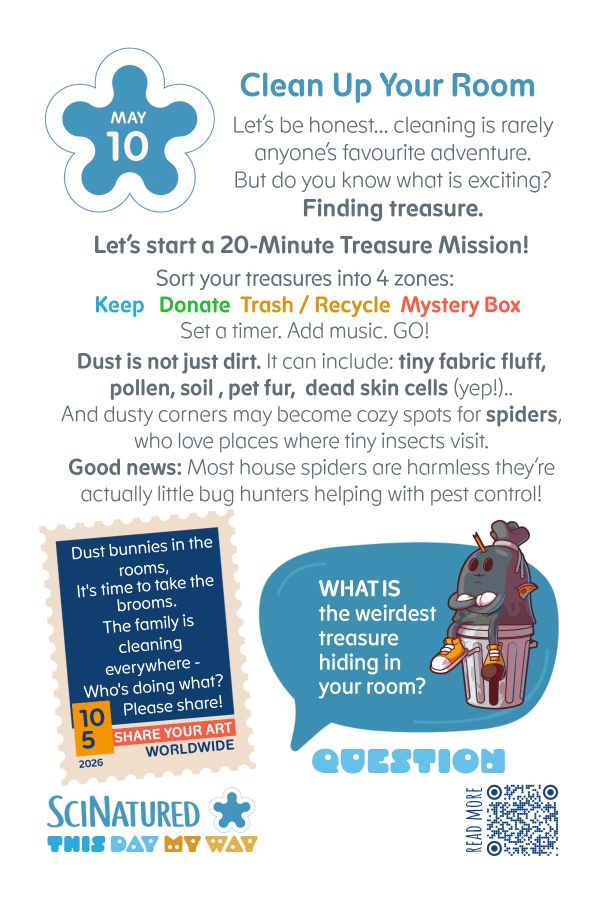A fun guide for a 20-minute treasure mission to clean your room by sorting items and understanding dust and spiders.