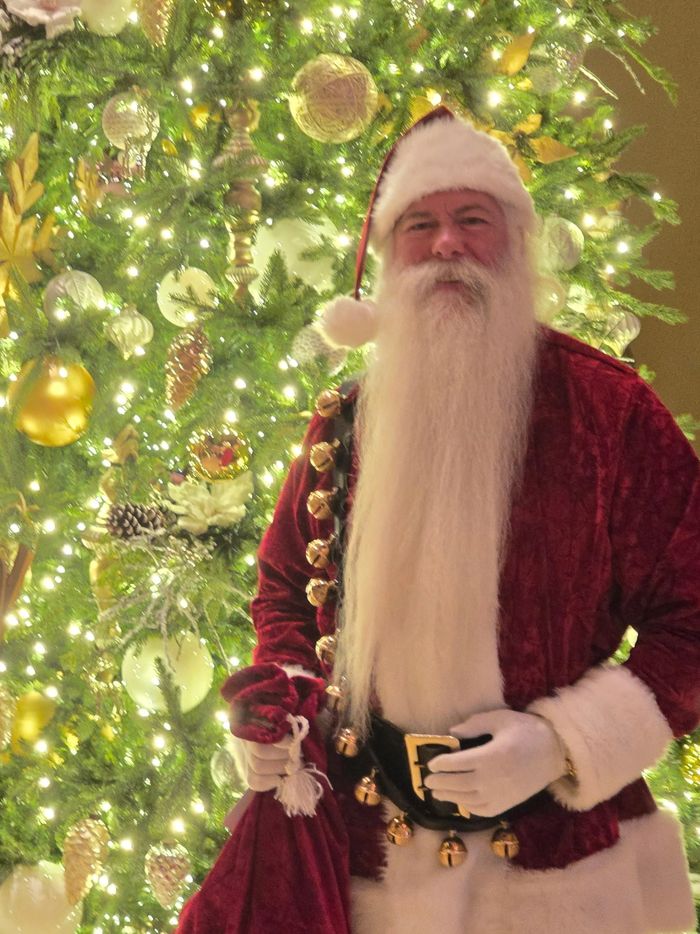 Santa James next to a Christmas tree