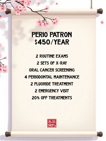 $450/year. Include 2 exam x-ray oral cancer screening cleaning fluoride emergency 20% off treatment