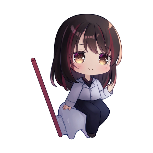 A anime depiction of a happy dentist sitting on top of a tooth with a toothbrush.