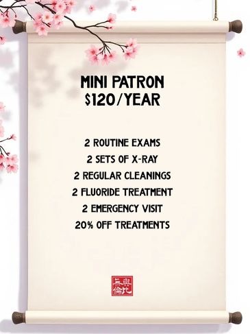 $120/year. Include 2 exam x-ray cleaning fluoride emergency 20% off treatment