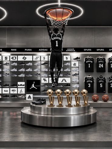 Exhibición de un jugador de baloncesto con cinco trofeos y zapatos en una tienda.