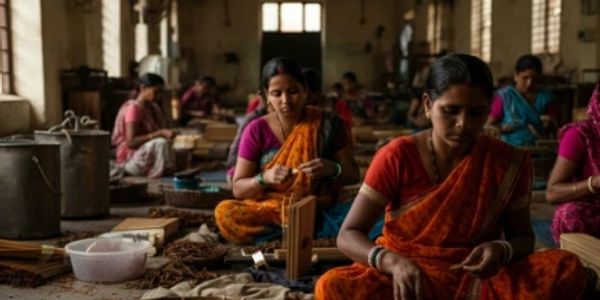Women in traditional attire rolling tobacco leaves indoors to make chacha biri (also known as Chacha beedi or chacha bidi).