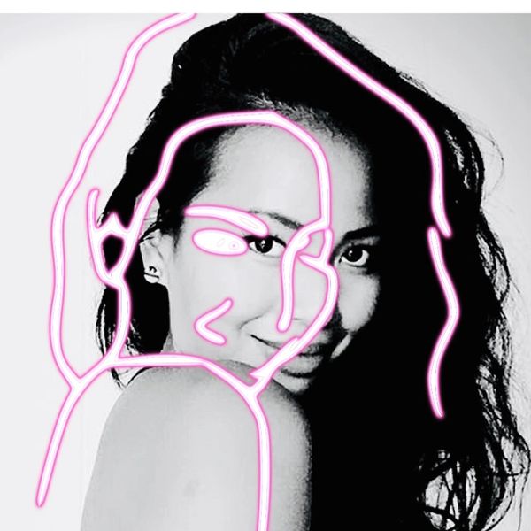 Black and white portrait with a pink neon abstract line drawing overlay.