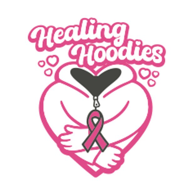 Logo of Healing Hoodies with a heart-shaped hoodie and a pink ribbon.