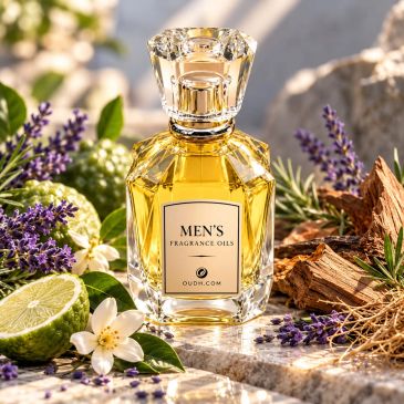 Men's fragrance oil bottle surrounded by natural elements.