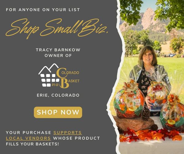 Support small business owner, Tracy. Photo with gift baskets at Flatiorns in Colorado.