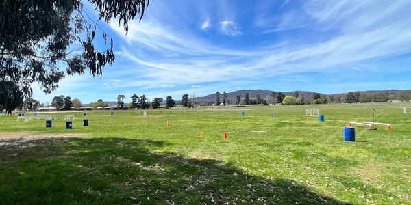 A spacious green field with cones, barrels, and clear blue sky.