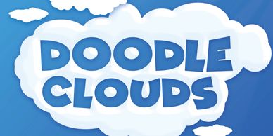 Doodle Clouds logo in clouds with a couple of the clouds forming animal shapes