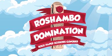 A scroll wrapped in red ribbon with the followig words: Roshambo Domination Rock Paper Scissors Conq