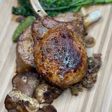 Pork Chop, Roasted Mushrooms, Olive tapenade