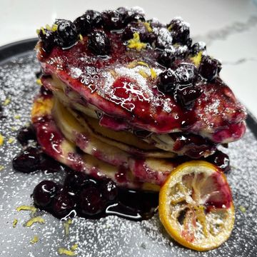 Lemon Ricotta Pancakes with a Blueberry Syrup