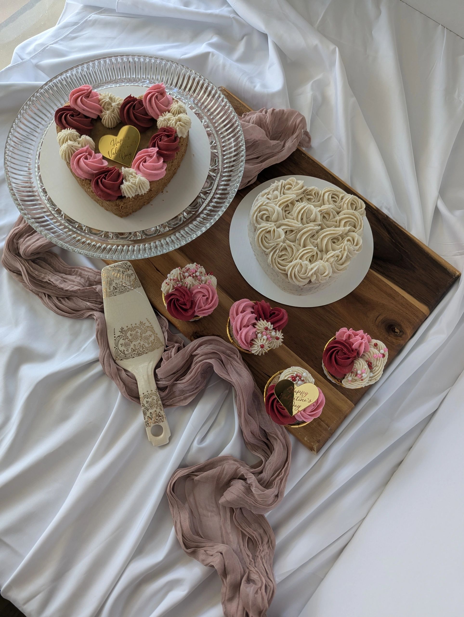 Ultimate Valentine’s Dessert Spread: 6" Cookie Cake, 6" Single-Layer Heart Cake, & 4 Cupcakes