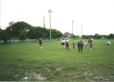 Children and adults playing on a spacious green field with a large beach ball.
