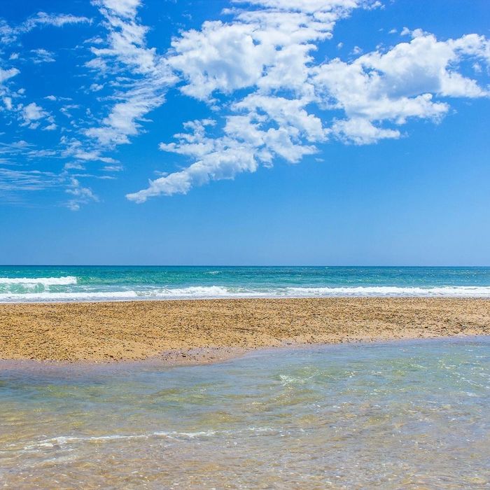 The view from the ocean beach on the outgoing tide, with a bright blue sky and a dusting of cloud