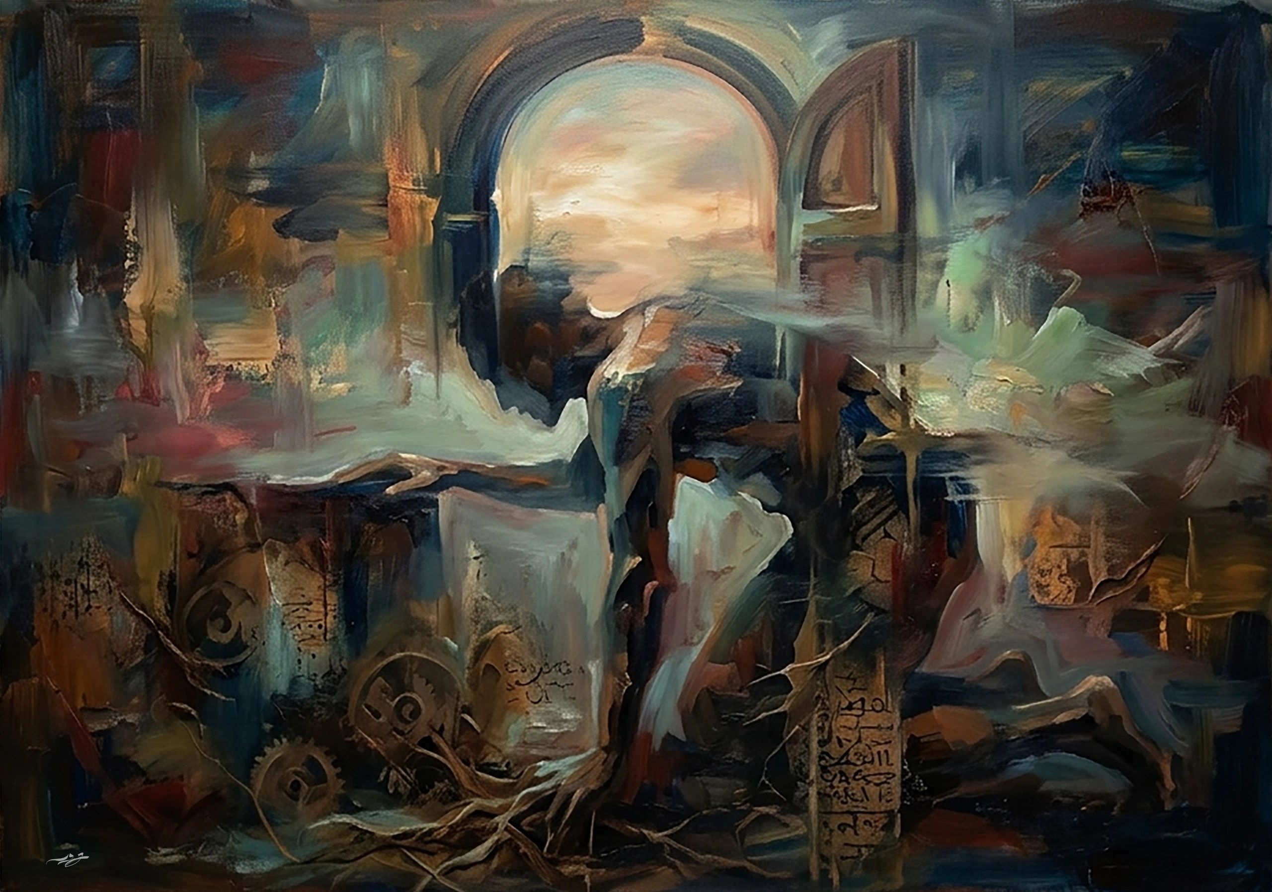 Abstract painting with earthy tones and mystical symbols.