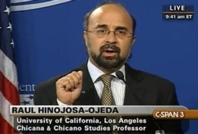 Professor Raul Hinojosa-Ojeda speaking at a live C-SPAN3 broadcast.