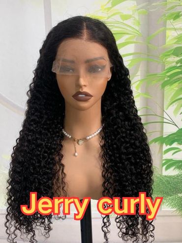 Mannequin head with long, curly black hair labeled 'Jerry curly'.