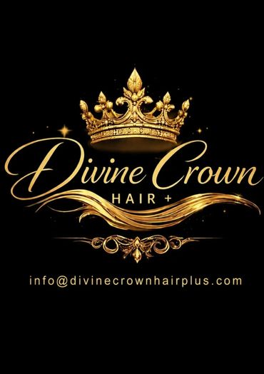 Elegant golden logo for Divine Crown Hair+ with a crown and flowing hair design.