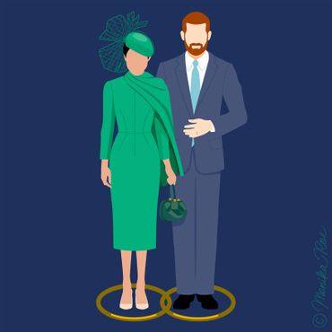 Prince Harry Meghan Markle anniversary green dress Sussex Royal Megxit illustration monika roe