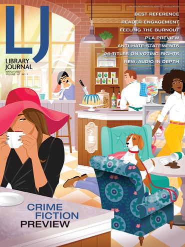 March 2022 cover of the Library Journal Crime Fiction Preview, illustration by Monika Roe
