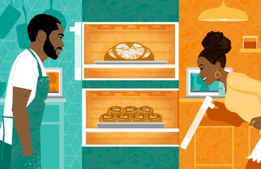 black african american couple COVID-19 social distancing date pandemic baking apartment illustration