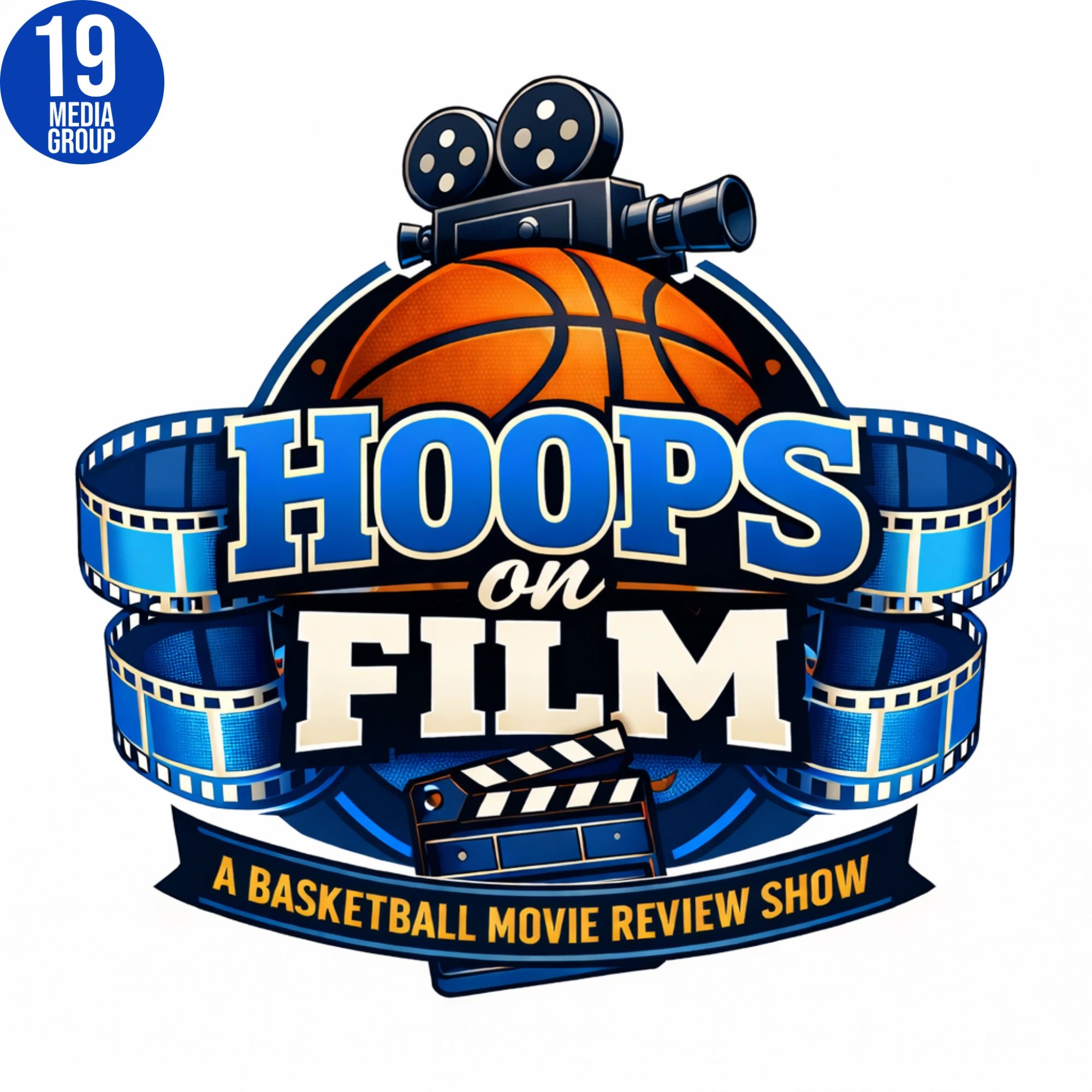 Logo combining basketball and film elements for a basketball movie review show.