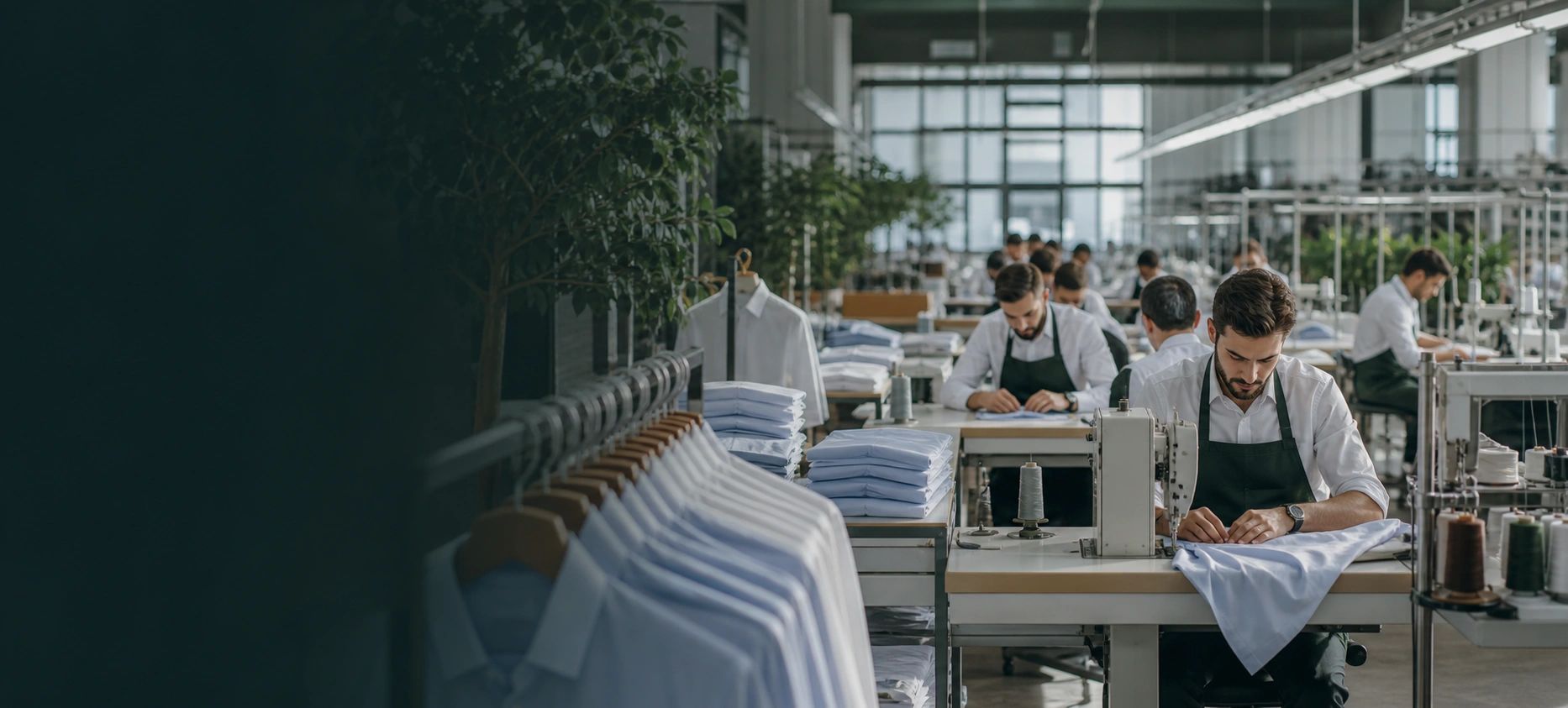 Emon Textile men's shirt production facility in Istanbul, showing shirt sewing, pressing and quality