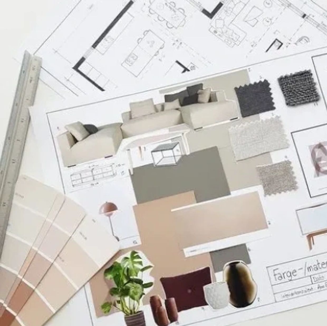 Interior design plan with color swatches and fabric samples.
