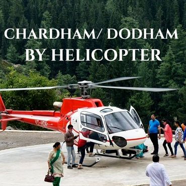 People boarding a red helicopter for Chardham/Dodham tour in a forested area.