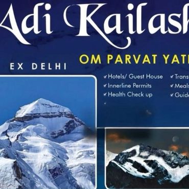 Travel package advertisement for Adi Kailash Om Parvat Yatra from Delhi with various services.