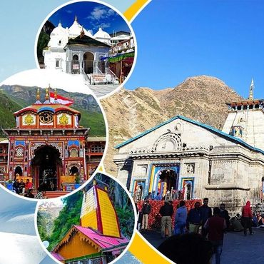 Collage of famous Hindu temples in India with mountainous backdrops.