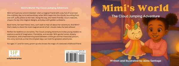 Children's book cover featuring a girl and her unicorn blanket friend, Mimi, ready for a magical cloud adventure.