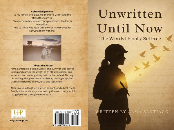 Book cover of 'Unwritten Until Now' by Alma Santiago with soldier silhouette and flying birds.