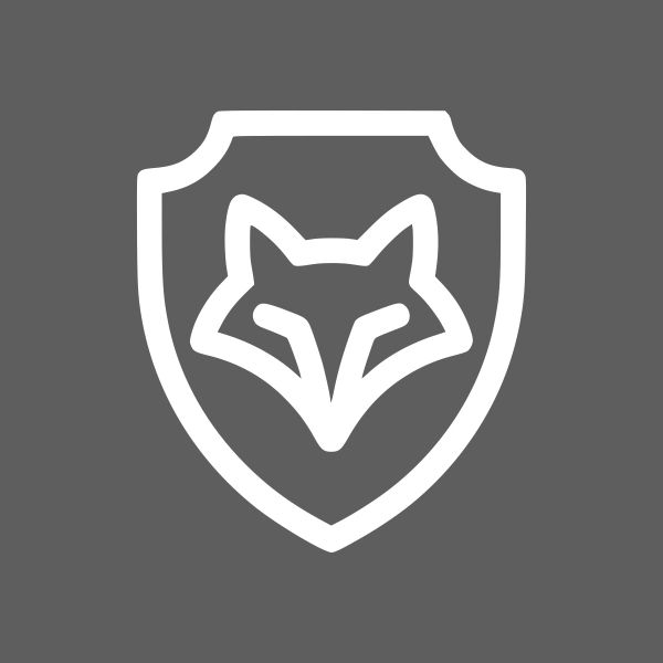 White fox head emblem inside a shield on gray background.