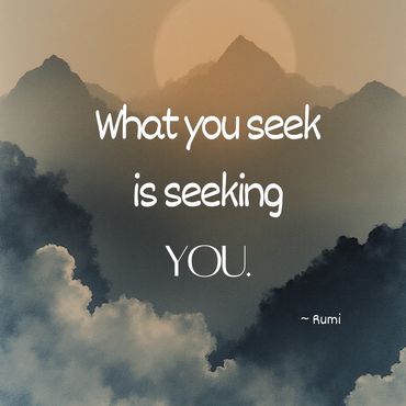 Inspirational quote by Rumi over a misty mountain sunrise background.