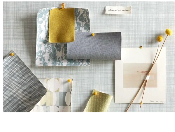 LDI Interiors fabric swatches in grey, blue floral, ochre and greem with flowers and quote