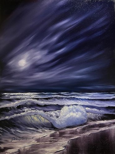 original oil painting of a beach and ocean waves in New England Cape cod impressionism