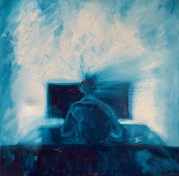 man working at computer contemplating life. original oil painting by John Lawrence, Boston MA