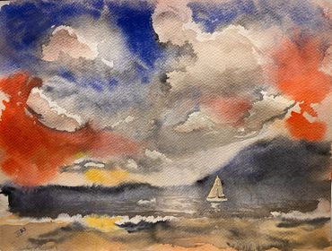 watercolor painting by John Anthony Lawrence, seascape and boat with rich color.