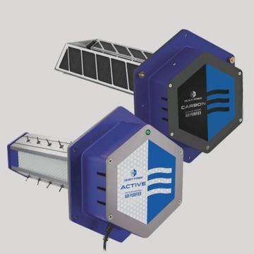Two blue and gray air purifiers with hexagonal fronts and attached filters.