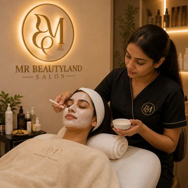 A woman receiving a facial treatment at MR Beautyland Salon.