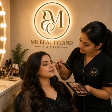 Makeup artist applying eyeshadow to a client at Mr Beautyland Salon.