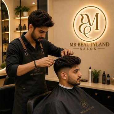 Barber styling a client's hair at Mr Beautyland Salon.