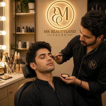 A man getting makeup applied at Mr Beautyland Salon.