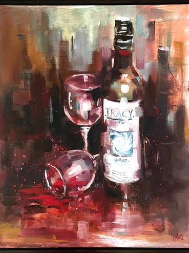 Abstract painting of a wine bottle and two glasses with warm tones.