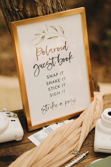A framed Polaroid guest book instruction sign with cameras and photos.