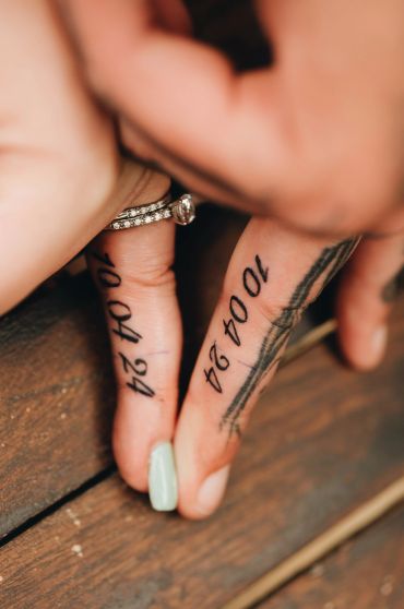 Matching date tattoos on two people's fingers.