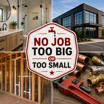 Plumbing service advertisement with residential and commercial images.